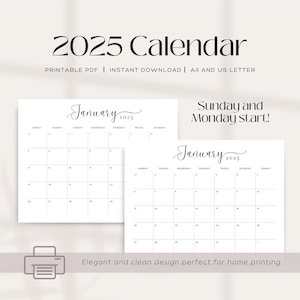Minimal Printable 2025 Monthly Calendar | Minimalist Design | Sunday & Monday Start