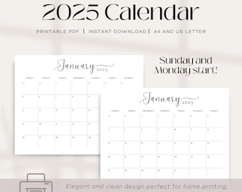 Minimaler druckbarer Monatskalender 2025 | Minimalistisches Design | Sonntag & Montag Start