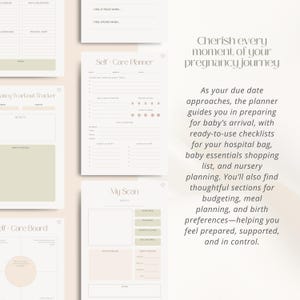 May include: A collection of printable pregnancy planners with a soft, neutral color palette. The planners include sections for self-care, workout tracking, and baby essentials. Text reads "Cherish every moment of your pregnancy journey."