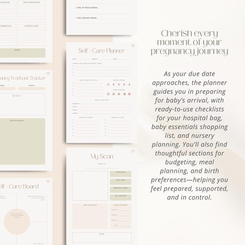 May include: A collection of printable pregnancy planners with a soft, neutral color palette. The planners include sections for self-care, workout tracking, and baby essentials. Text reads "Cherish every moment of your pregnancy journey."