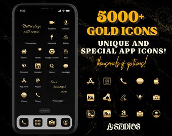 5000+ Gold iPhone iOS 18 App Icons Pack | Gold Icon Aesthetic Black Background | Social Media Phone IOS17 | Personalised Home Screen Widget