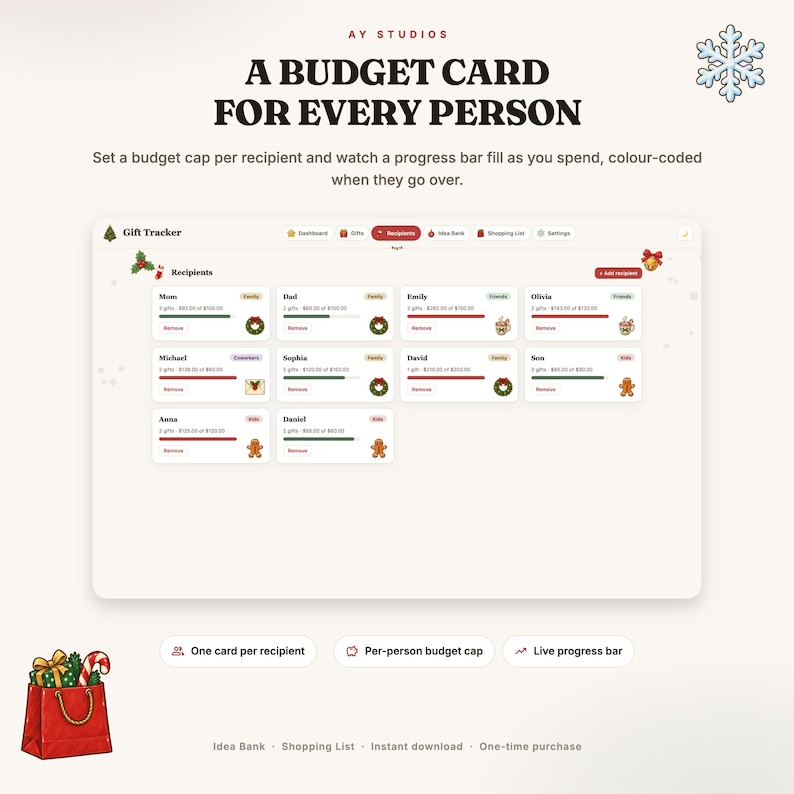 May include: A digital gift tracker interface featuring a list of recipients with individual budget caps and progress bars. The screen displays names like Mom, Dad, and Emily, with festive icons, a red shopping bag, and the text A BUDGET CARD FOR EVERY PERSON.