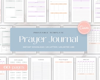 Prayer Journal | Printable & Editable Faith Planner | Bible Study Gratitude Journal | Digital Download | Canva Template | 2025 Planner
