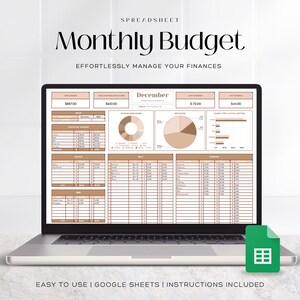 May include: A laptop computer screen displaying a Google Sheets spreadsheet titled "Monthly Budget" with a brown and white color scheme. The spreadsheet is designed to help users track their income and expenses for the month of December. The spreadsheet includes a summary of income and expenses, a pie chart showing spending categories, and a table for tracking individual expenses.