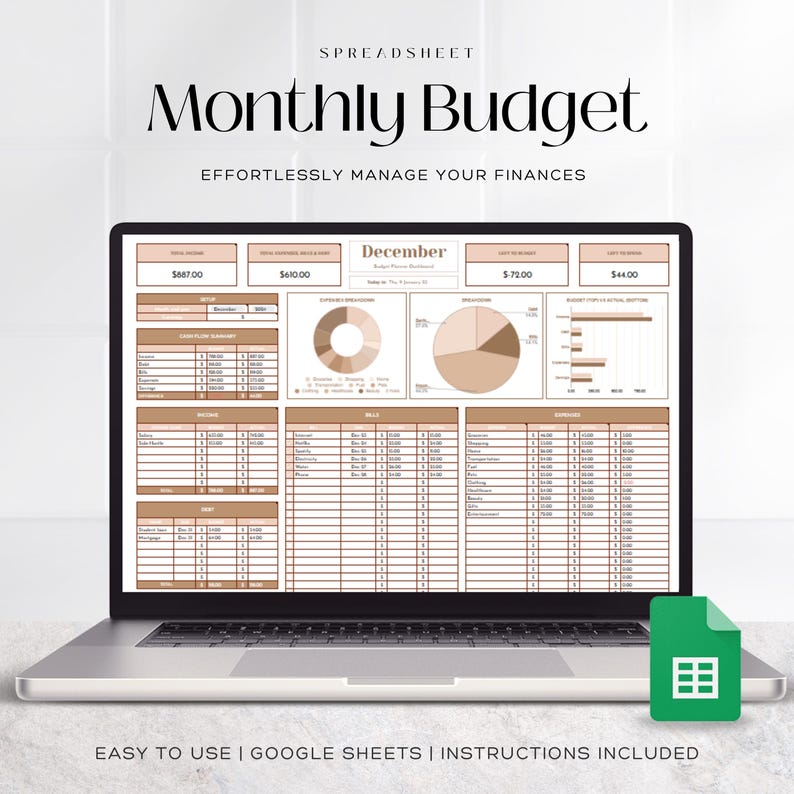 May include: A laptop computer screen displaying a Google Sheets spreadsheet titled "Monthly Budget" with a brown and white color scheme. The spreadsheet is designed to help users track their income and expenses for the month of December. The spreadsheet includes a summary of income and expenses, a pie chart showing spending categories, and a table for tracking individual expenses.