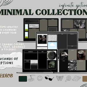 May include: A digital desktop collection with a minimalist aesthetic. The collection features a dark color scheme with black, gray, and white elements. The collection includes a variety of icons, such as a butterfly, a seashell, and a lollipop. The text "infinite options" and "MINIMAL COLLECTION" is displayed in green.
