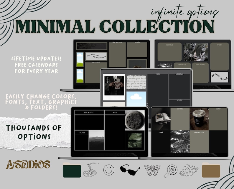 May include: A digital desktop collection with a minimalist aesthetic. The collection features a dark color scheme with black, gray, and white elements. The collection includes a variety of icons, such as a butterfly, a seashell, and a lollipop. The text "infinite options" and "MINIMAL COLLECTION" is displayed in green.