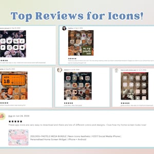 May include: Screenshots of positive reviews for an app that offers customisable icons for mobile phones. The reviews highlight the ease of use, variety of colours and designs, and the overall positive impact on the home screen's appearance. The app is advertised as offering 200,000+ pastels mega bundle, neon icons, aesthetic iOS17 social media iPhone, personalised home screen widget, iPhone and Android.