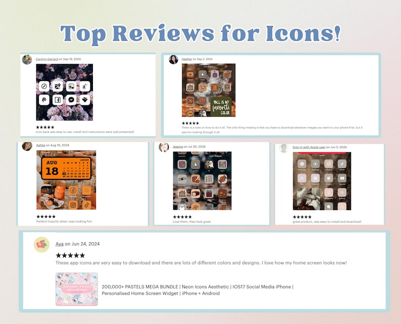 May include: Screenshots of positive reviews for an app that offers customisable icons for mobile phones. The reviews highlight the ease of use, variety of colours and designs, and the overall positive impact on the home screen's appearance. The app is advertised as offering 200,000+ pastels mega bundle, neon icons, aesthetic iOS17 social media iPhone, personalised home screen widget, iPhone and Android.