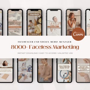 Könnte beinhalten: Ein digitales Marketing-Grafik mit Smartphone-Mockups, die Social-Media-Inhalte anzeigen. Der Text umfasst "My Everyday Routine", "A Day in My Life", "TGIF" und "8000+ Faceless Marketing". Für Influencer und Social-Media-Manager.