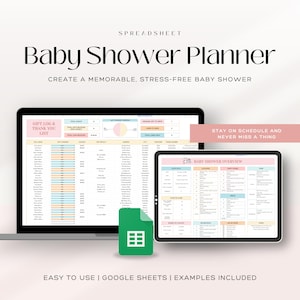 Puede incluir: Un port&aacute;til y una tableta muestran una hoja de c&aacute;lculo de planificador de baby shower. El texto dice "Baby Shower Planner" y "Crea un baby shower memorable y sin estr&eacute;s". Un icono verde de Google Sheets est&aacute; en primer plano.