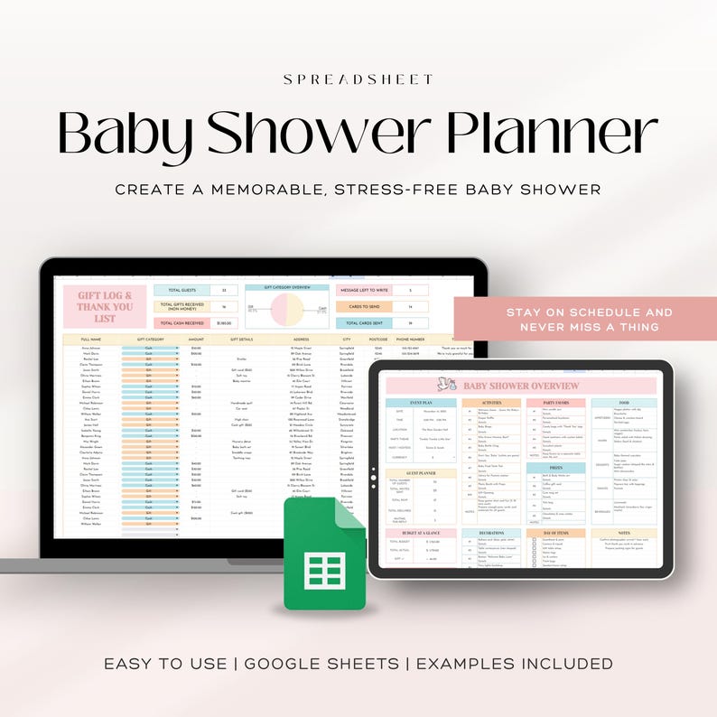 Puede incluir: Un port&aacute;til y una tableta muestran una hoja de c&aacute;lculo de planificador de baby shower. El texto dice "Baby Shower Planner" y "Crea un baby shower memorable y sin estr&eacute;s". Un icono verde de Google Sheets est&aacute; en primer plano.
