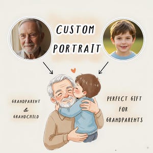 Puede incluir: Ilustración digital que promociona un servicio de retrato personalizado. La imagen presenta un retrato de una persona mayor y un niño, con el texto "CUSTOM PORTRAIT", "GRANDPARENT & GRANDCHILD" y "PERFECT GIFT FOR GRANDPARENTS".