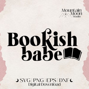 May include: Black and white graphic design with the text "Bookish babe" and an open book illustration. The text "Mountain Moon Studio" is at the top of the design.