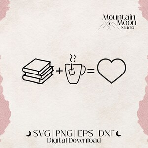 May include: Black and white line art illustration of a stack of books, a cup of tea with steam, and a heart. The text "+" and "=" are included in the image. The text "SVG | PNG | EPS | DXF" and "Digital Download" are also included in the image.