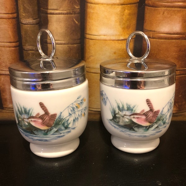 Royal Worcester birds egg coddler pair, wren and finches standard size