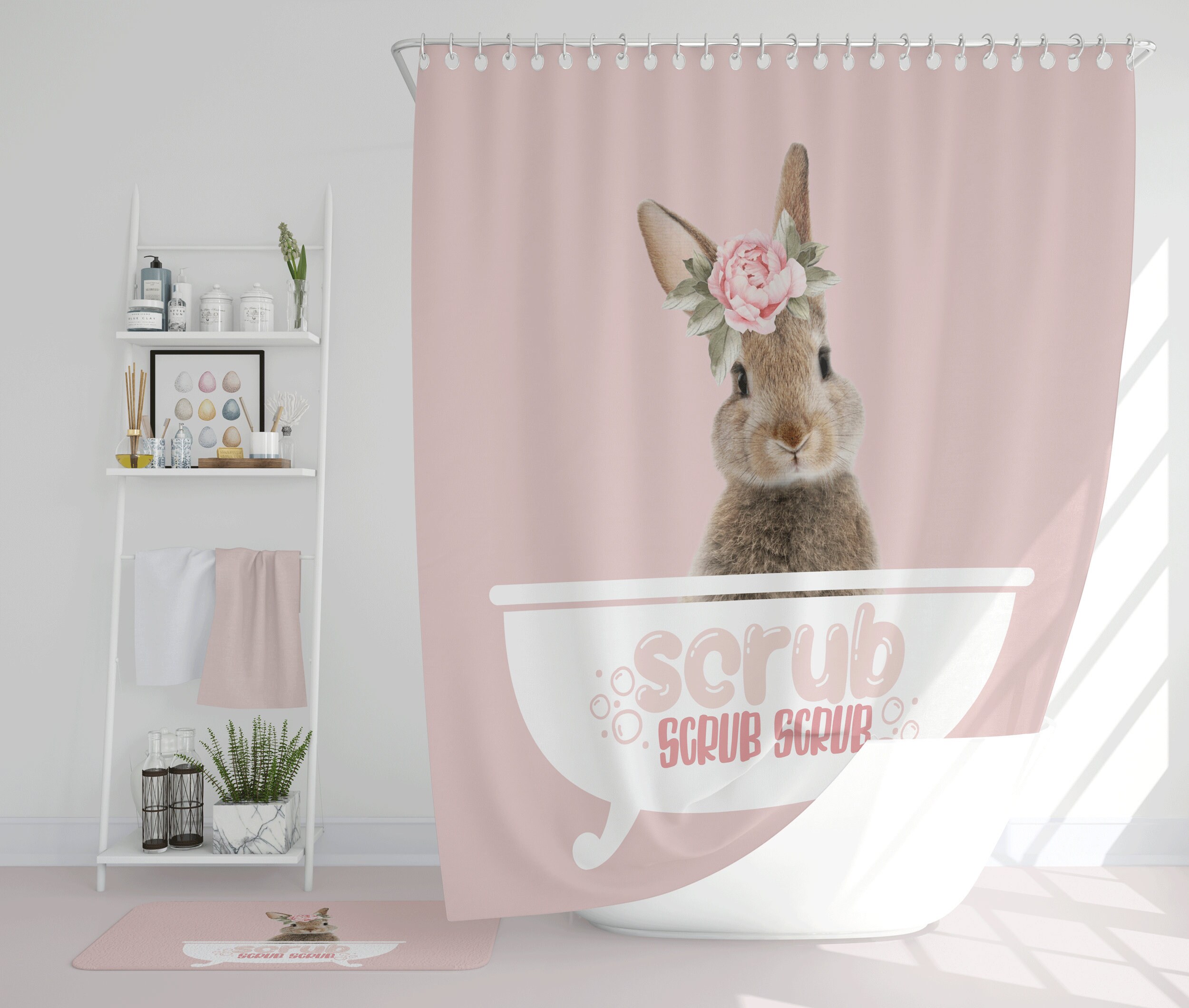 Kids Bathroom Decor Bunny Rabbit Shower Curtain Pastel Pink Etsy
