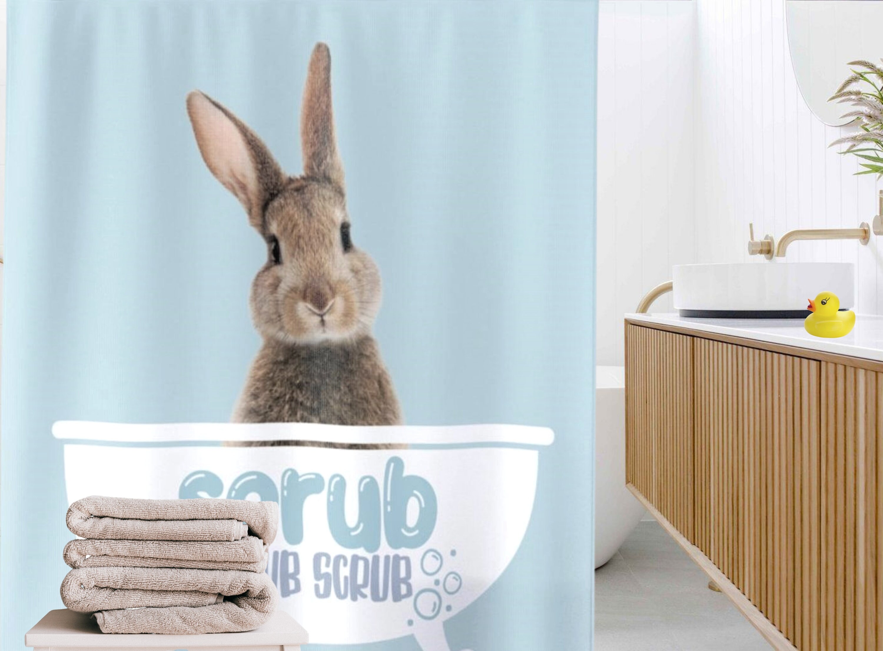 Kids Bathroom Decor Bunny Rabbit Shower Curtain Pastel Blue Etsy