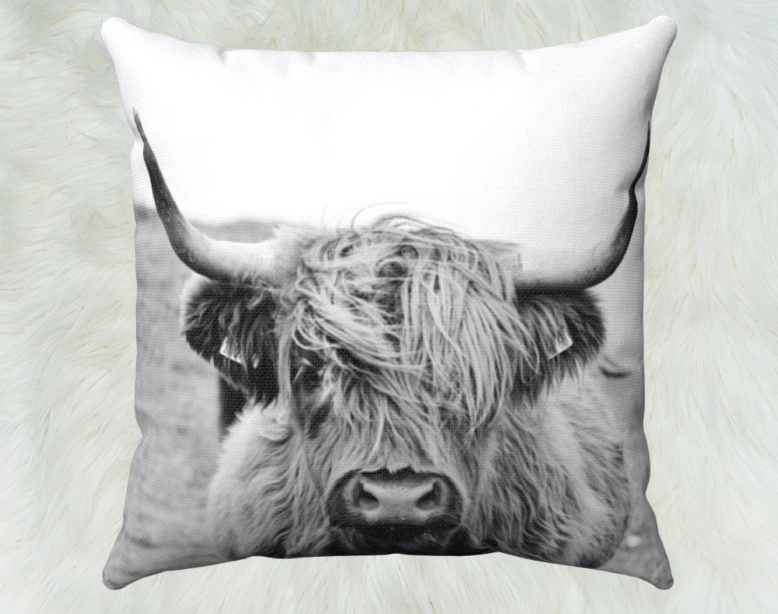 Highland Cow Throw Pillow Black and White Shaggy Cow Rustic | Etsy ...