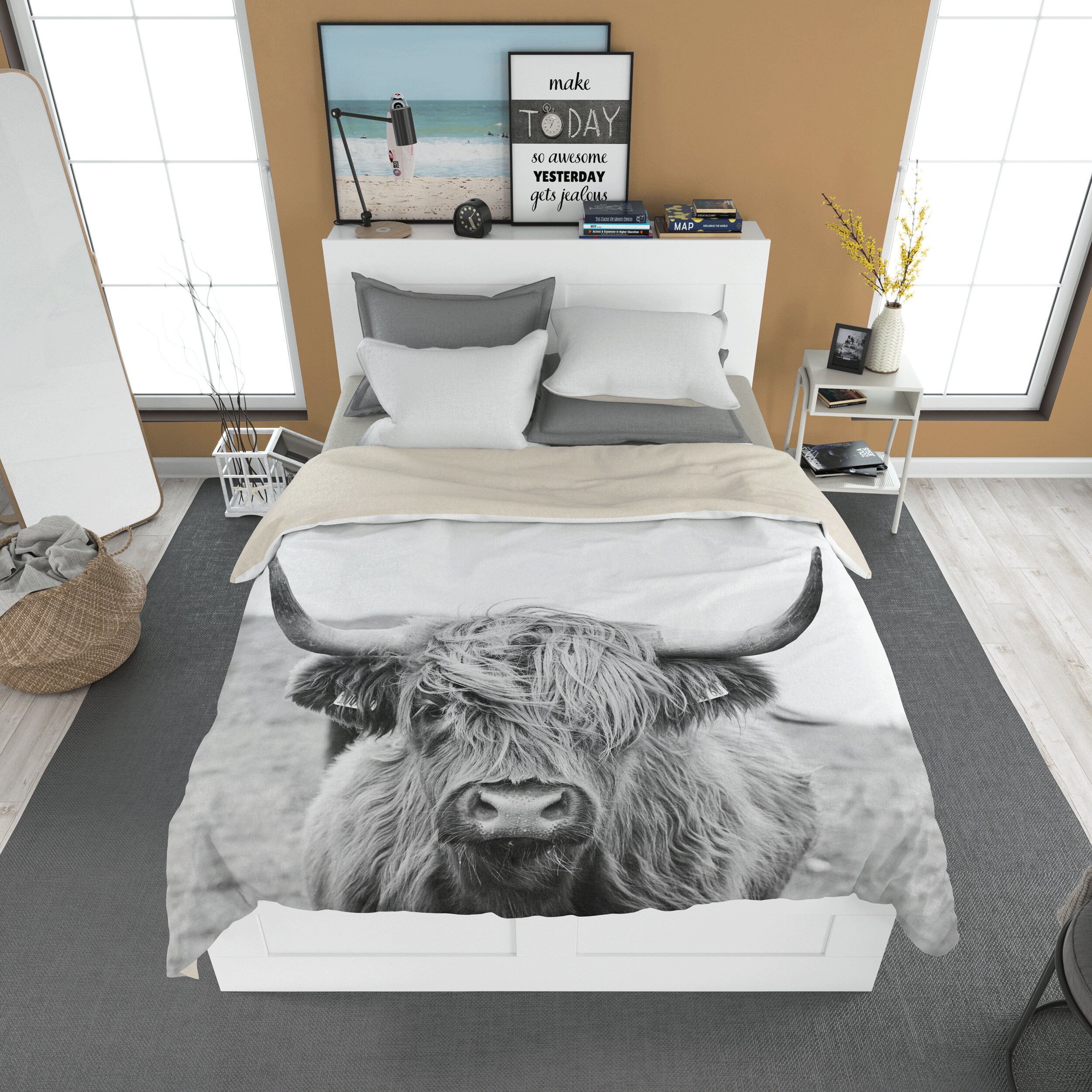 Highland Cow Duvet Cover Black and White Animal Quilt Cover Etsy