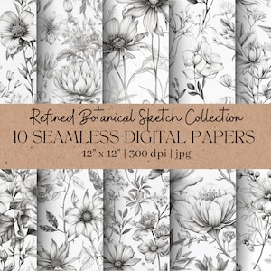 Carta digitale monotona botanica con motivi floreali, motivo floreale in bianco e nero, carta da parati moderna e minimalista, download istantaneo stazionario
