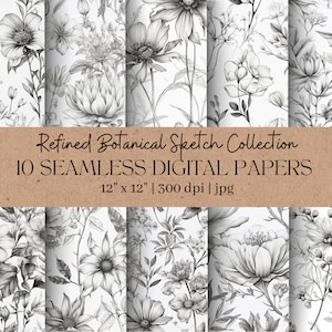 Botanical Monotone Seamless Digital Paper Floral Patterns Black and White Pattern Modern Minimalist Wall Paper Instant Download Stationary