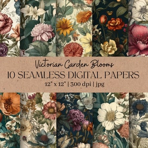 Könnte beinhalten: Zehn digitale Papiere mit viktorianischen Blumenmustern in verschiedenen Farben, darunter Rot, Rosa, Blau, Grün und Gelb. Die Muster sind nahtlos und können für eine Vielzahl von Bastelprojekten verwendet werden.