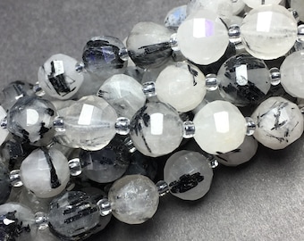 Natural Black Tourmalated Quartz Bead Faceted Round Shape Gemstone Spacer for Bracelet Necklace DIY Jewelry Making,8mm Faceted Round Beads