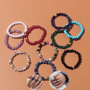 Beaded Stackable Rings Gemstone Beaded Ring, 3mm Faceted Round Beads Ring Stretch Beaded Rings Beaded Elastic Ring Engagement Ring Best Gift