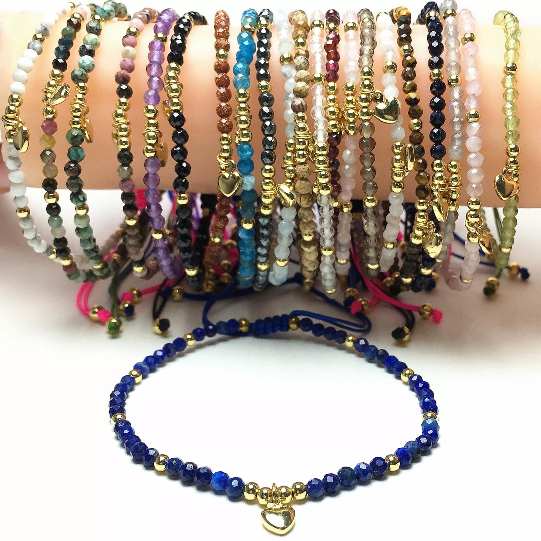 Tiny Gemstone Bracelet 3mm Round Faceted Bead Bracelet Adjustable