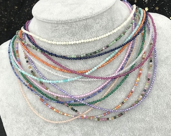 Super Shiny Crystal Necklace 2mm Faceted Mini Beads Necklaces Simple Small Beads Necklaces Choker Clavicle Chain Men Women Jewelry Gifts 18"