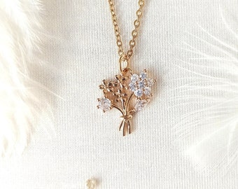 Mother's Day gift, necklace, aster, bouquet of flowers, natural stone, zircon, gold