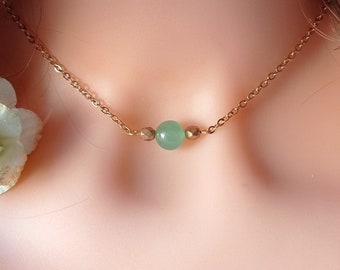 Collier fin, ras de cou, pierre naturelle, perles, aventurine, vert, or, nature