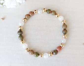 Bracelet, unakite, moonstone, fertility, fecundity, gold, eternal