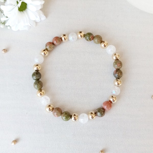 Bracelet, unakite, pierre de lune, fertilité, fécondité, or, éternelle