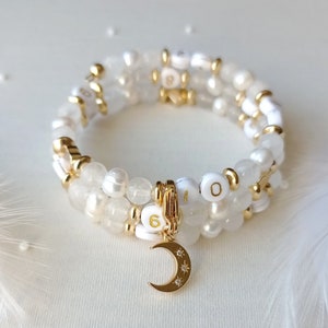Breastfeeding bracelet, maternity gift, natural stones, white jade, freshwater pearls, moon, zircon, gold