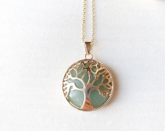 Collier, arbre de vie, pierre naturelle, aventurine, vert, or, détente