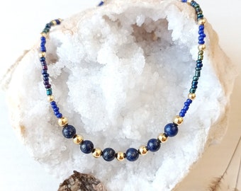 Quelque chose de bleu, collier, sautoir, pierre naturelle, lapis lazuli, perles, rocaille, bleu, or