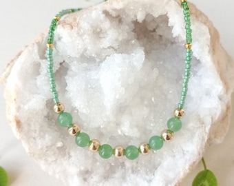 Collier, sautoir, aventurine, perles, pierre naturelle, vert, or, abondance