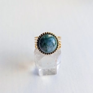 Ring, moss agate, natural stone, trendy, cabochon, half round, gold plated, green, eternal