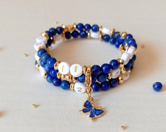 Bracelet d'allaitement, cadeau de maternité, pierre naturelle, lapis lazuli, bleu, or, papillon