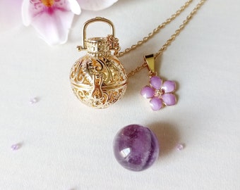 Pregnancy bola, maternity jewelry, natural stone, amethyst, flower, purple, gold, spiritual