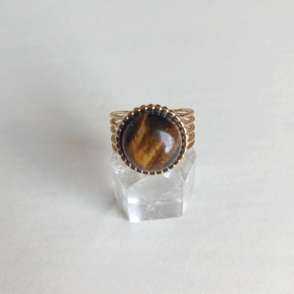 Bague, oeil de tigre, pierre naturelle, tendance, cabochon, demi rond, plaqué or, marron, protection