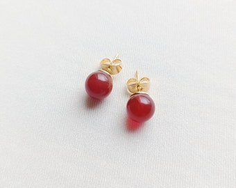 studs, earrings, natural stone, carnelian, red, gold