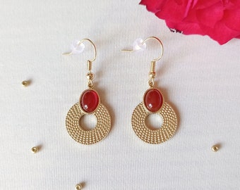 Earrings, carnelian, natural stone, circle, gold plated, vitality