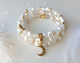 Breastfeeding bracelet, maternity gift, natural stones, white jade, freshwater pearls, moon, zircon, gold