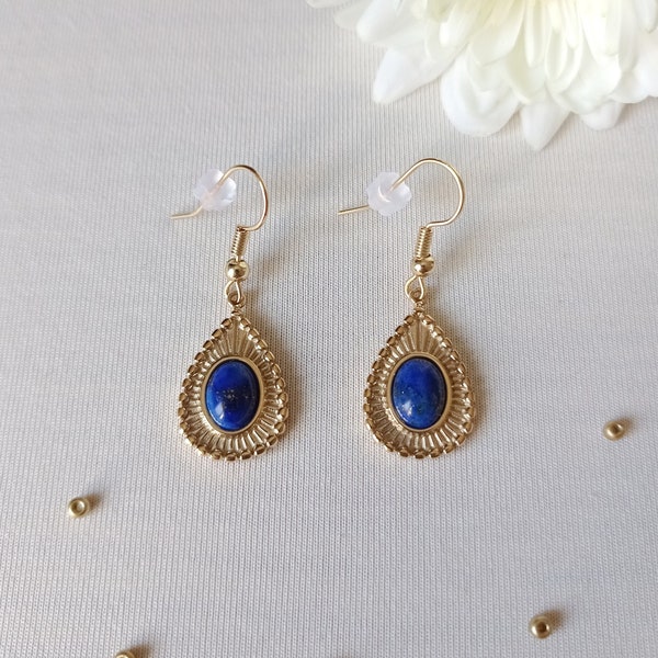 Boucles d'oreilles, lapis lazuli, pierre naturelle, larme, goutte, plaqué or, confiance en soi