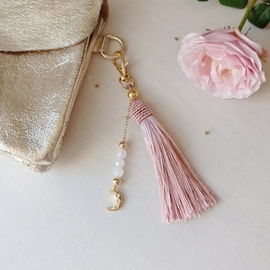 Guest gift, bag jewelry, strap, key ring, pompom, pink, decoration, pearls, moonstone, gift for her