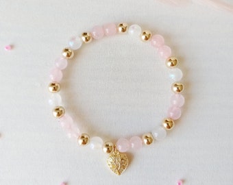 Bracelet, quartz rose, pierre de lune, fertilité, fécondité, maternité, or, amour, apaisement et réconfort