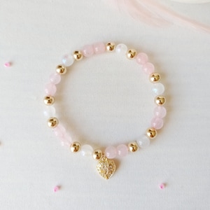 Bracelet, quartz rose, pierre de lune, fertilité, fécondité, maternité, or, amour, apaisement et réconfort image 1